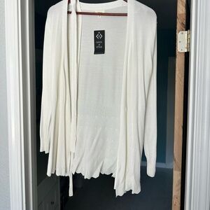 White open front sweater with waist tie